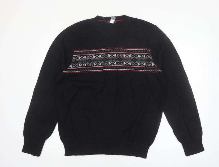 Dockers Men’s Black Fair Isle Cotton Crew Neck Jumper L