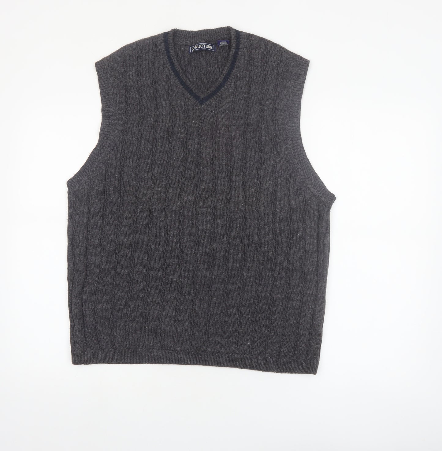 Structure Men's Grey Cable-Knit Vest Jumper L Ramie Cotton Classic