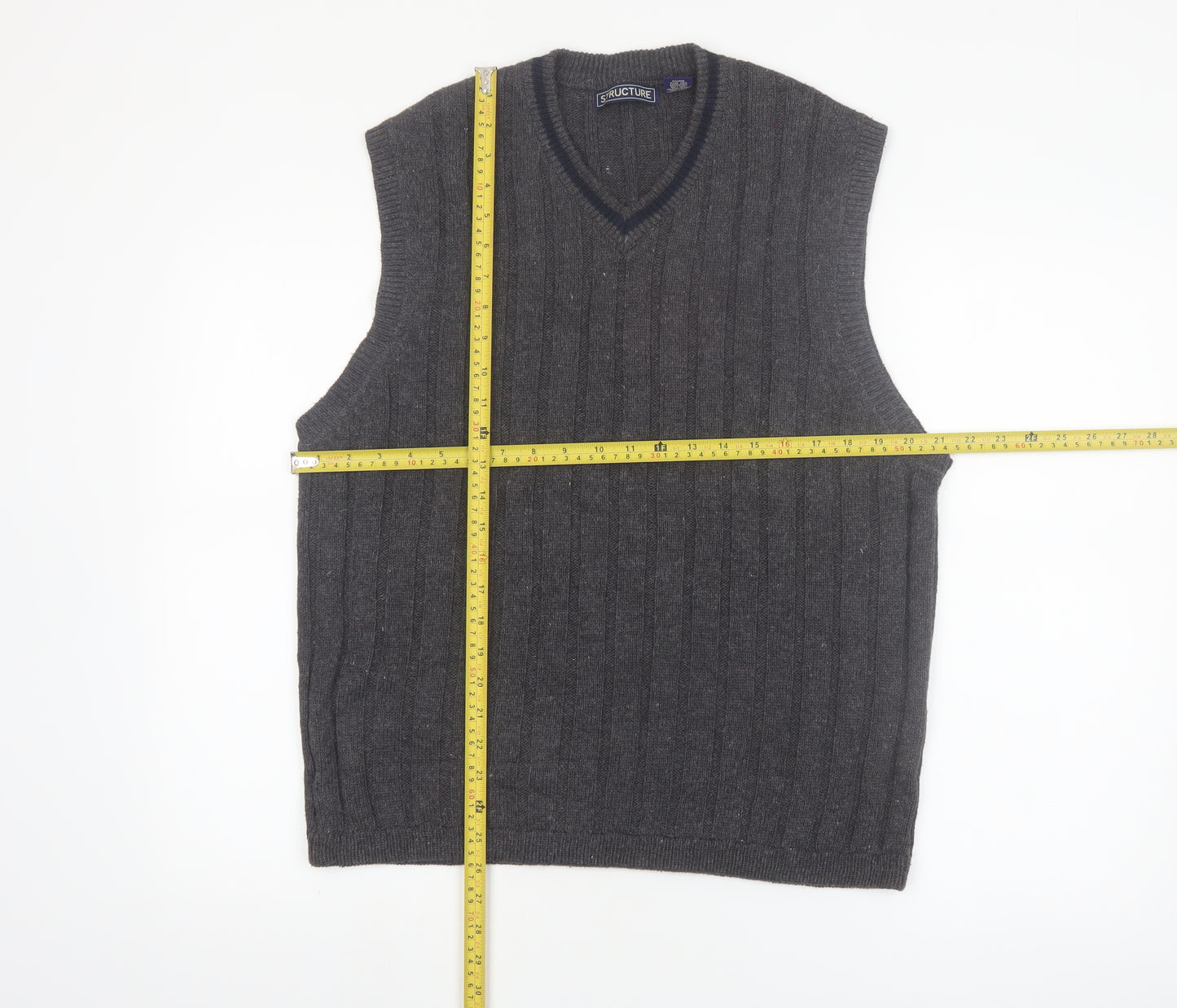 Structure Men's Grey Cable-Knit Vest Jumper L Ramie Cotton Classic