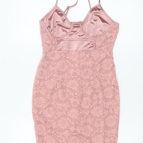 PrettyLittleThing Women Pink Lace Bodycon Sleeveless Dress UK 10