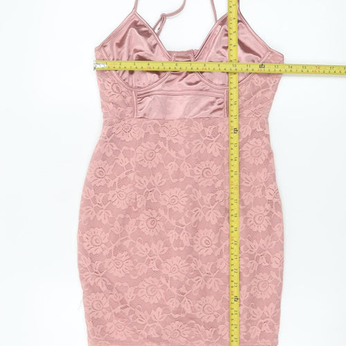 PrettyLittleThing Women Pink Lace Bodycon Sleeveless Dress UK 10