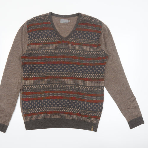 Peter England Men's Brown Fair Isle V-Neck Jumper XL