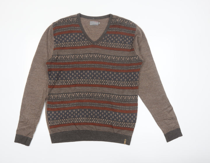 Peter England Men's Brown Fair Isle V-Neck Jumper XL