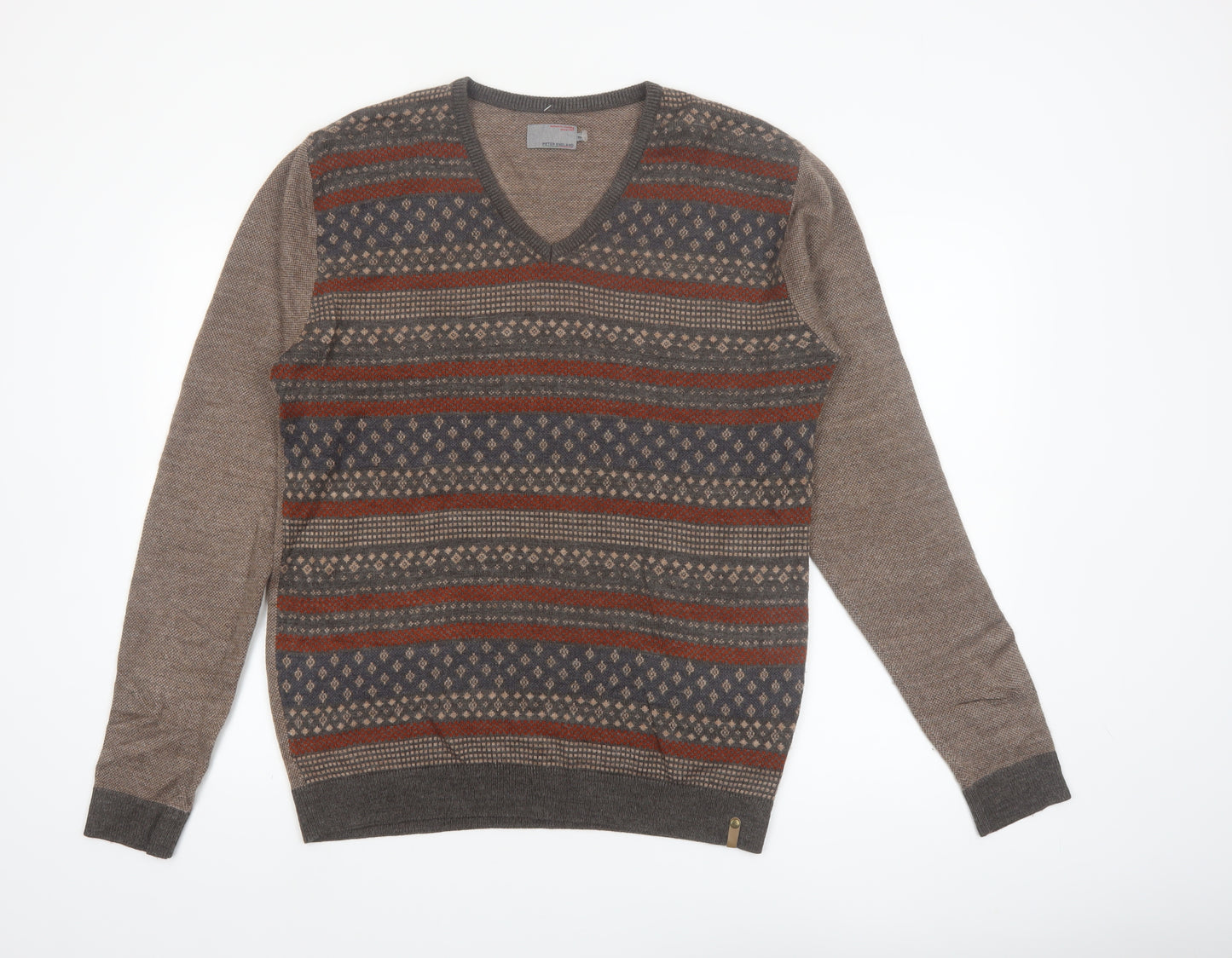 Peter England Men's Brown Fair Isle V-Neck Jumper XL