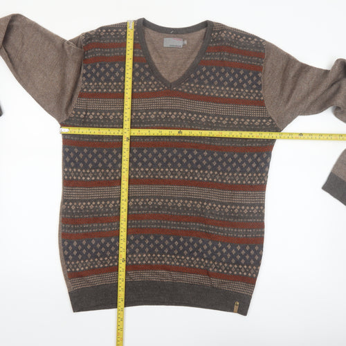 Peter England Men's Brown Fair Isle V-Neck Jumper XL