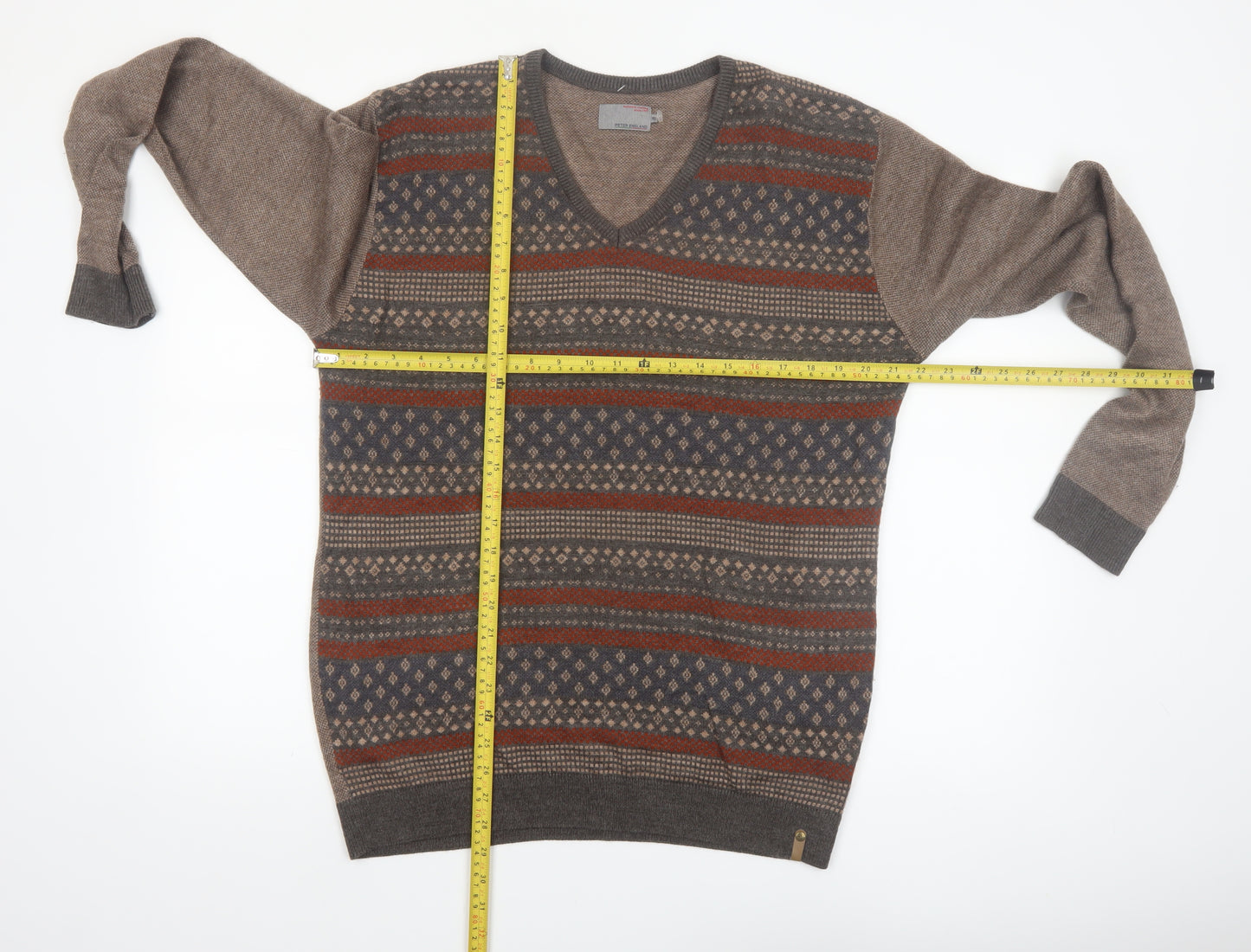 Peter England Men's Brown Fair Isle V-Neck Jumper XL