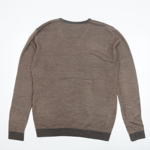 Peter England Men's Brown Fair Isle V-Neck Jumper XL