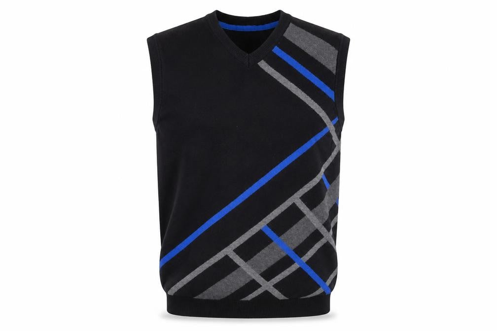 Front view of Stugan Men's Black Argyle Cotton Knit Sleeveless Vest L