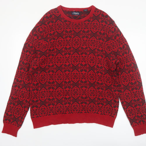 Chaps Men's Red Fair Isle Cotton Pullover Jumper Size M