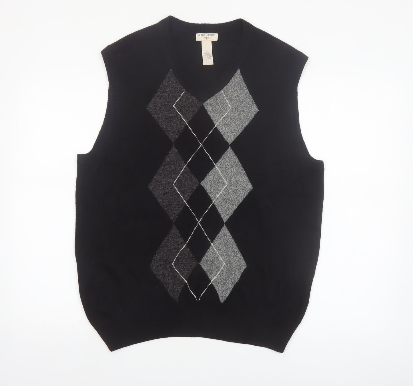 Dockers Men Black Argyle Knit Acrylic Sleeveless V-Neck Jumper Vest L