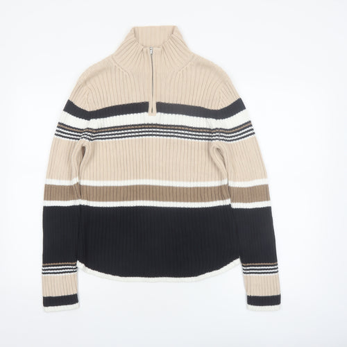 St. John's Bay Women Beige Striped Cotton Half Zip Jumper L