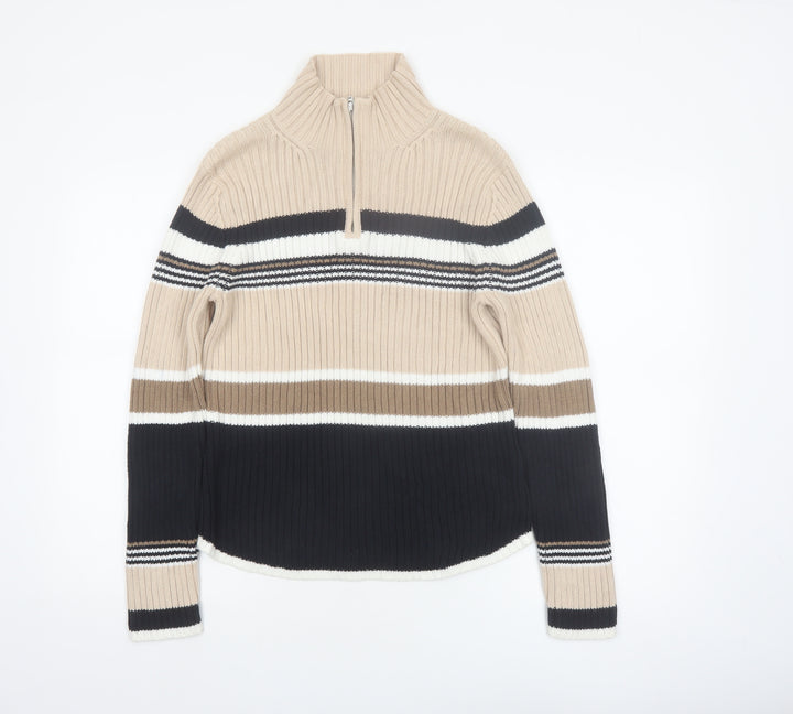 St. John's Bay Women Beige Striped Cotton Half Zip Jumper L