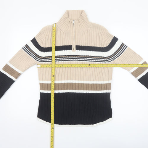 St. John's Bay Women Beige Striped Cotton Half Zip Jumper L