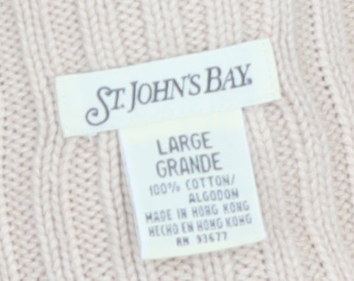 St. John's Bay Women Beige Striped Cotton Half Zip Jumper L