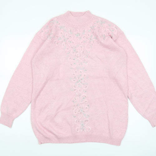 Jaclyn Smith Women's Pink Embroidered Mock Neck Knit Jumper L