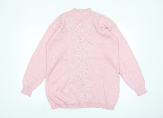 Jaclyn Smith Women's Pink Embroidered Mock Neck Knit Jumper L