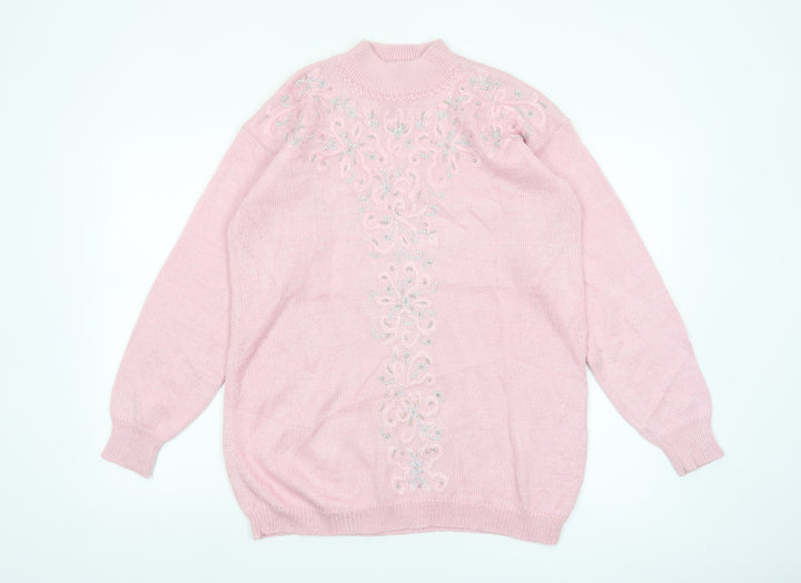 Jaclyn Smith Women's Pink Embroidered Mock Neck Knit Jumper L