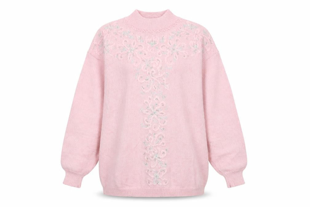 Front view of Jaclyn Smith Women's Pink Embroidered Mock Neck Knit Jumper L