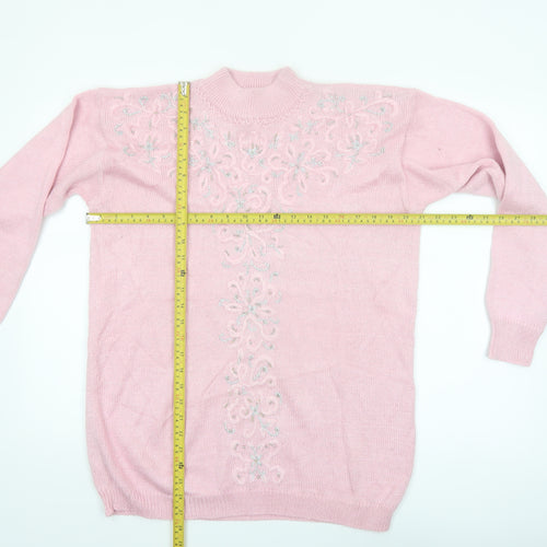 Jaclyn Smith Women's Pink Embroidered Mock Neck Knit Jumper L