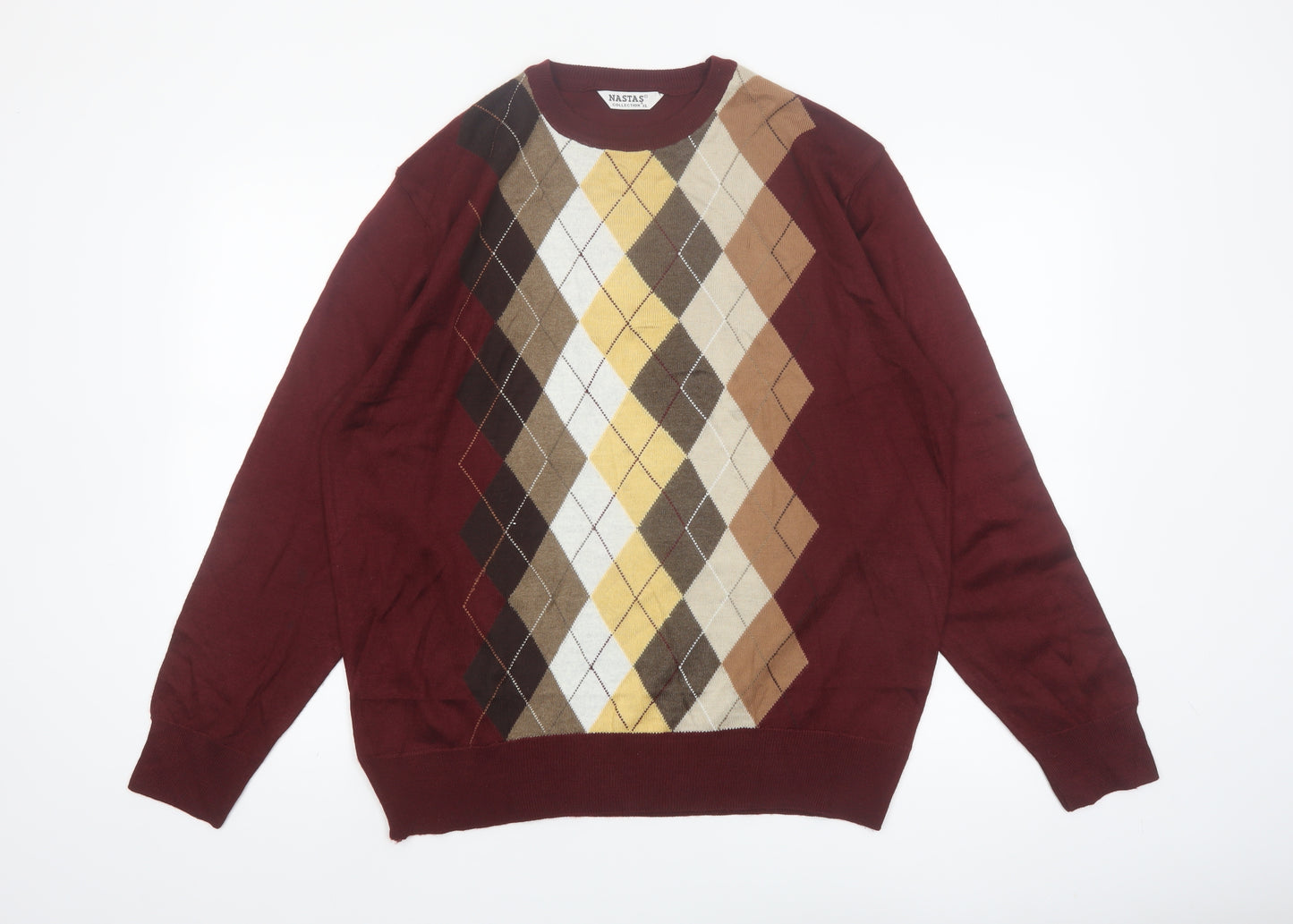 Nastas Collection Men's Burgundy Argyle Wool Blend Pullover Jumper XL
