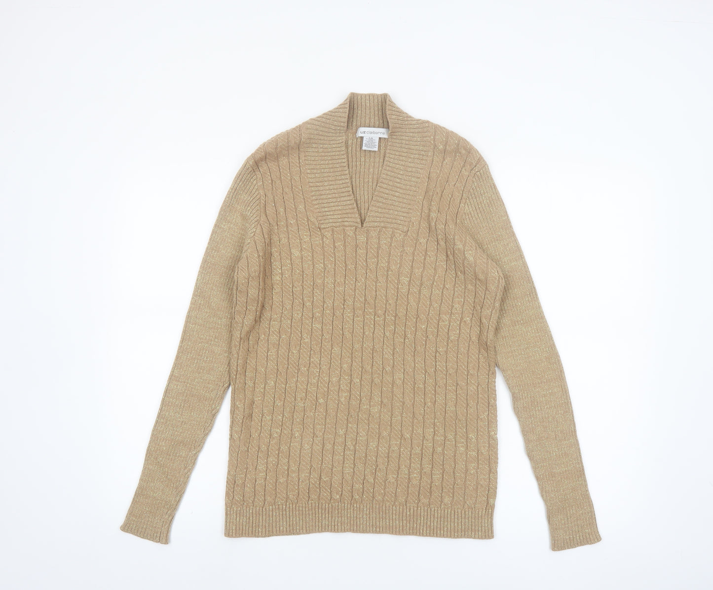 Liz Claiborne Womens Beige Cable-Knit V-Neck Jumper Size L Cotton Blend