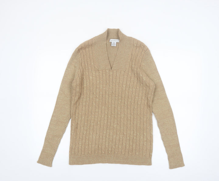 Liz Claiborne Womens Beige Cable-Knit V-Neck Jumper Size L Cotton Blend