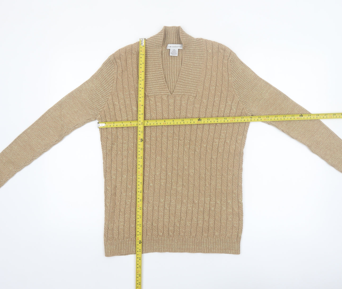 Liz Claiborne Womens Beige Cable-Knit V-Neck Jumper Size L Cotton Blend