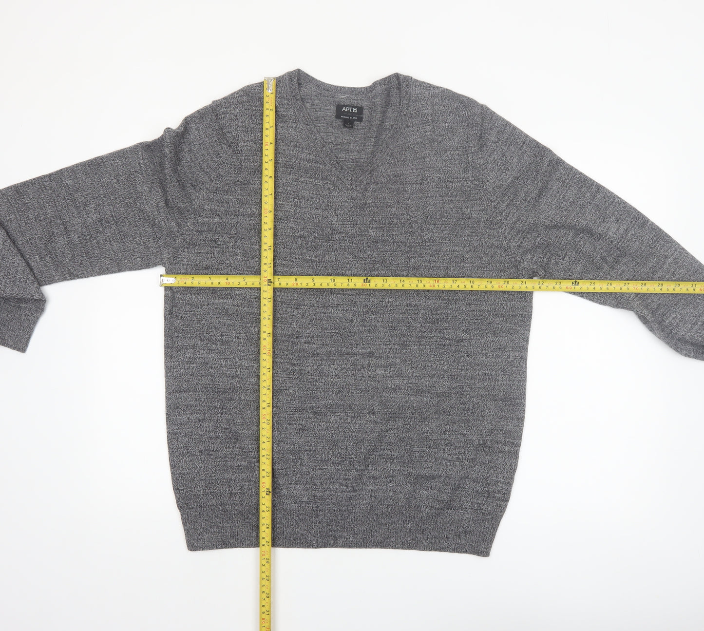 APT.9 Men's Grey Merino Blend V-Neck Pullover Jumper Size L
