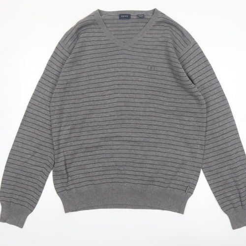 IZOD Men's Grey V-Neck Striped Cotton Jumper L