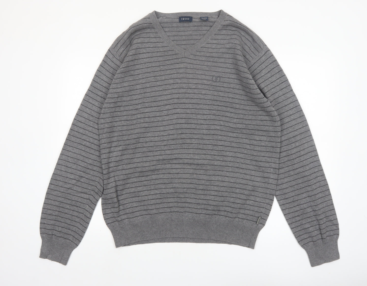 IZOD Men's Grey V-Neck Striped Cotton Jumper L
