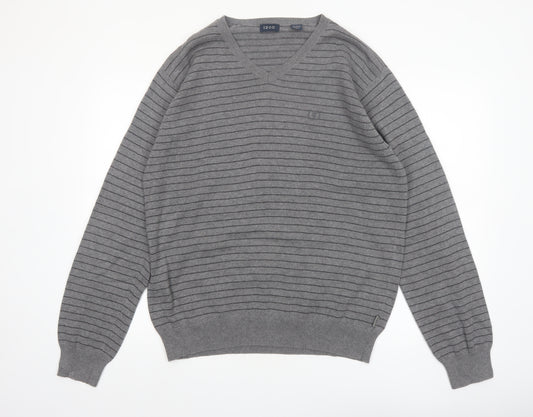 IZOD Men's Grey V-Neck Striped Cotton Jumper L