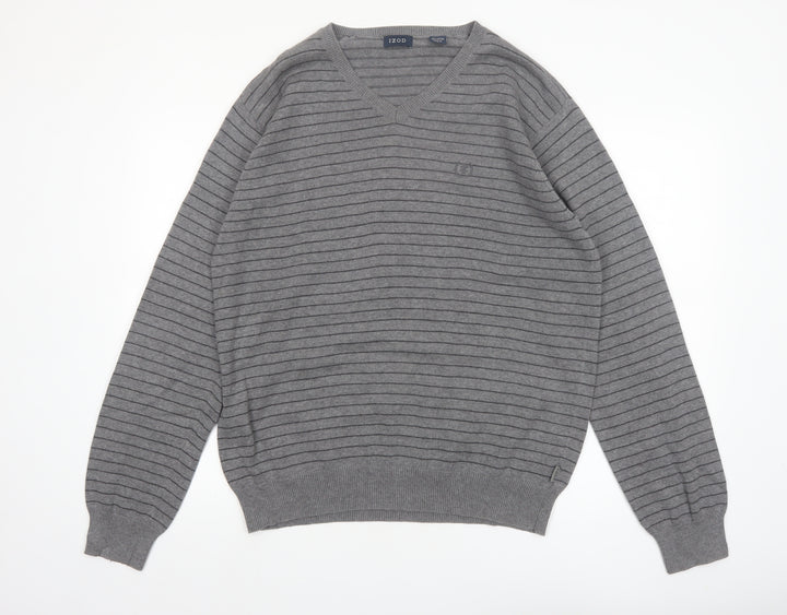 IZOD Men's Grey V-Neck Striped Cotton Jumper L