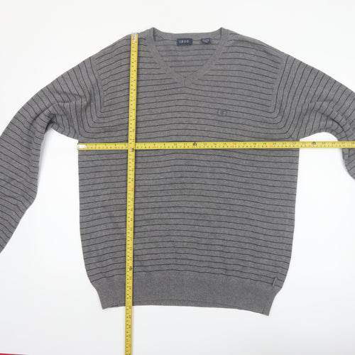 IZOD Men's Grey V-Neck Striped Cotton Jumper L