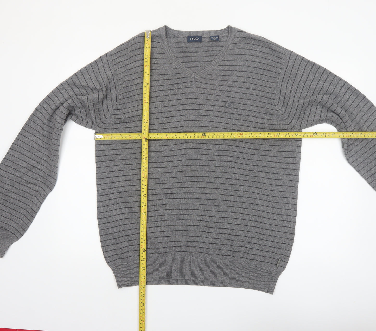 IZOD Men's Grey V-Neck Striped Cotton Jumper L