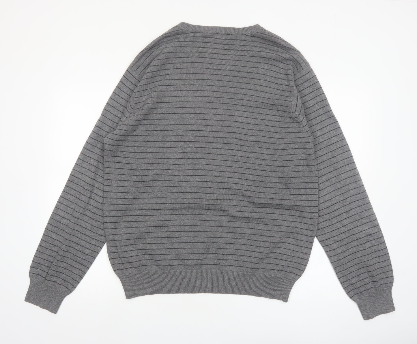 IZOD Men's Grey V-Neck Striped Cotton Jumper L
