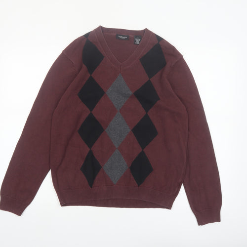 Van Heusen Men's Brown Argyle V-Neck Cotton Jumper Size S