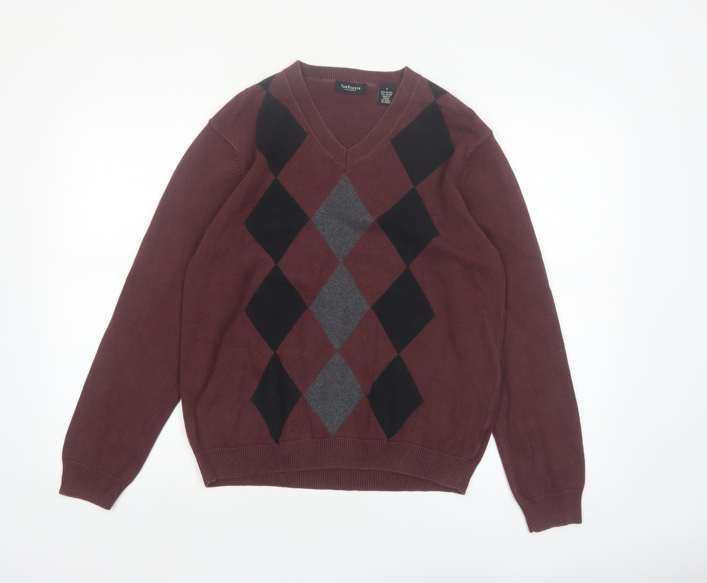 Van Heusen Men's Brown Argyle V-Neck Cotton Jumper Size S