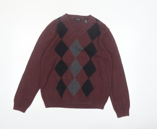 Van Heusen Men's Brown Argyle V-Neck Cotton Jumper Size S