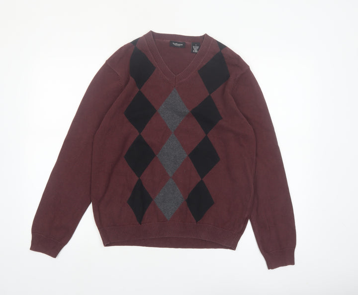 Van Heusen Men's Brown Argyle V-Neck Cotton Jumper Size S
