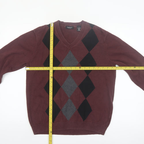 Van Heusen Men's Brown Argyle V-Neck Cotton Jumper Size S