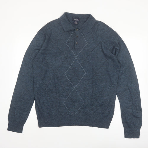 Dockers Men's Blue Argyle Collared Acrylic Henley Jumper Size M