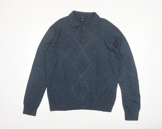 Dockers Men's Blue Argyle Collared Acrylic Henley Jumper Size M
