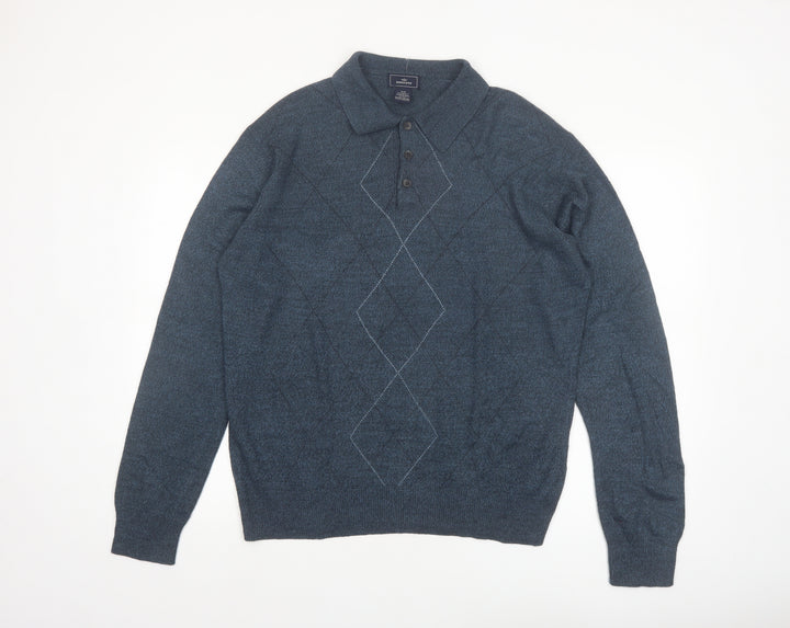 Dockers Men's Blue Argyle Collared Acrylic Henley Jumper Size M