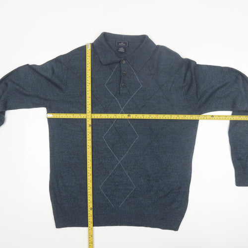 Dockers Men's Blue Argyle Collared Acrylic Henley Jumper Size M