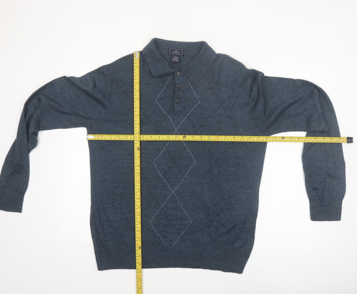 Dockers Men's Blue Argyle Collared Acrylic Henley Jumper Size M