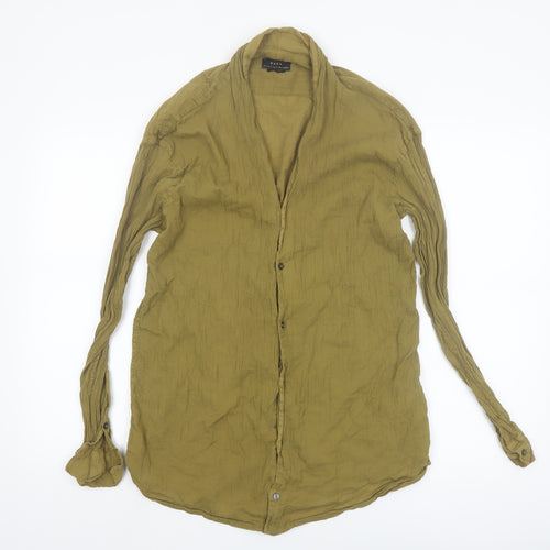 Zara Women Green Long Sleeve Button-Up 100% Cotton Shirt Size 12