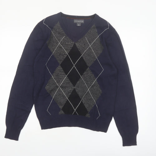 Covington Men's Blue Argyle V-Neck Cotton Blend Jumper Size S