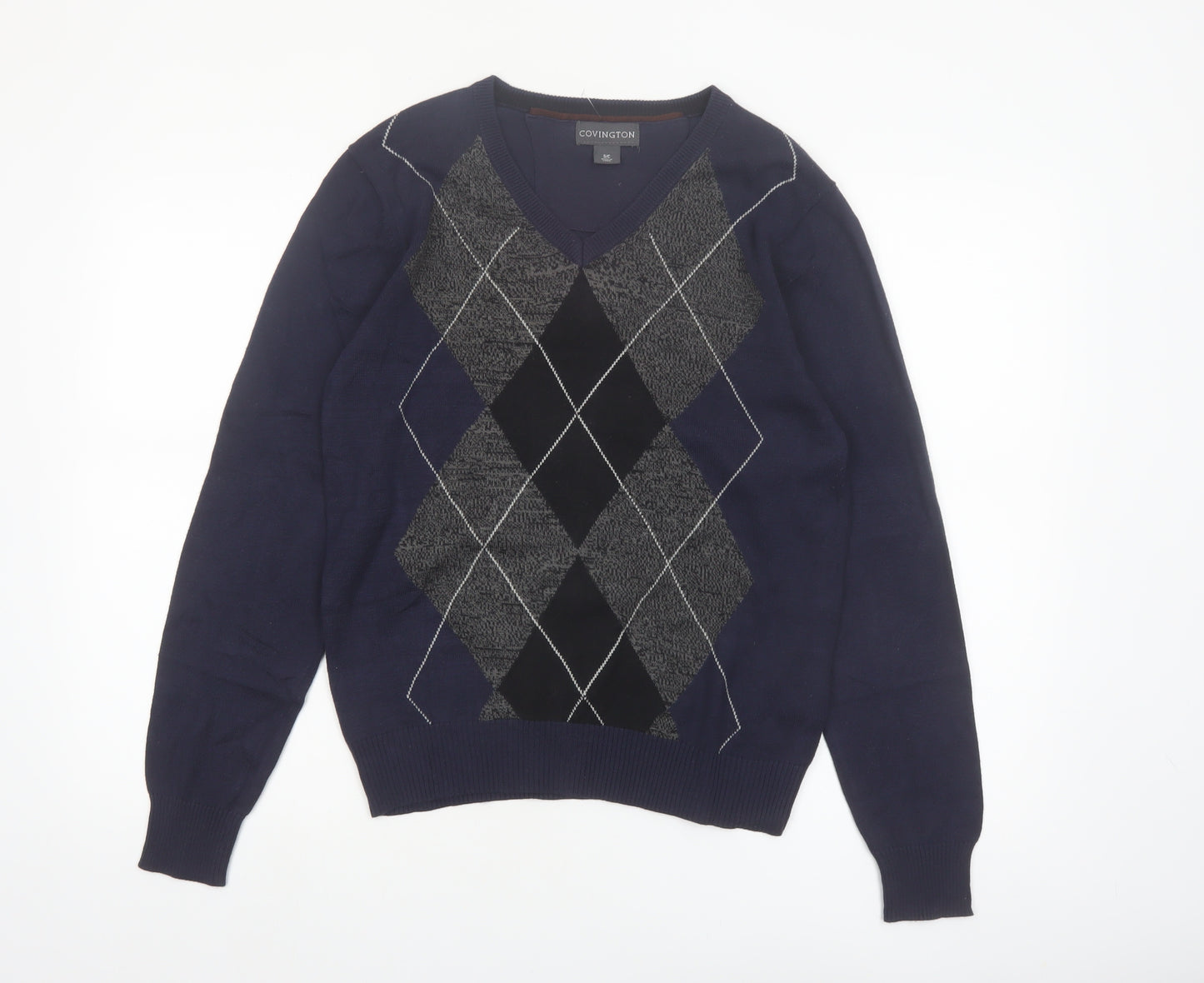 Covington Men's Blue Argyle V-Neck Cotton Blend Jumper Size S
