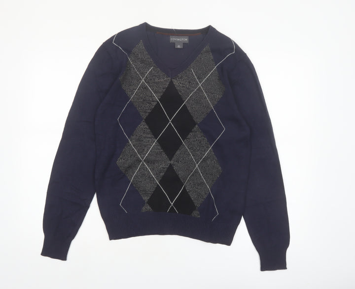 Covington Men's Blue Argyle V-Neck Cotton Blend Jumper Size S