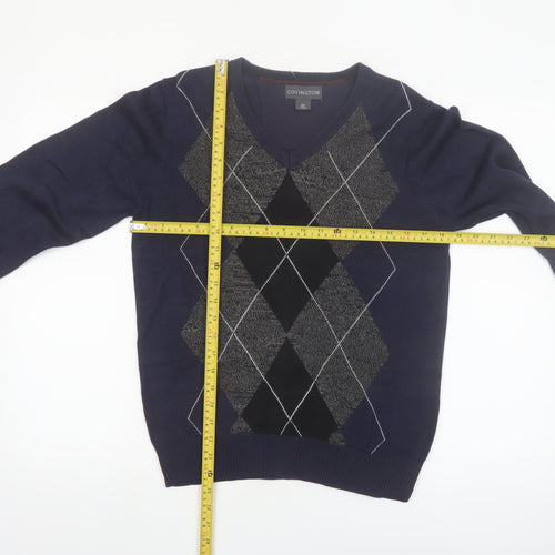 Covington Men's Blue Argyle V-Neck Cotton Blend Jumper Size S